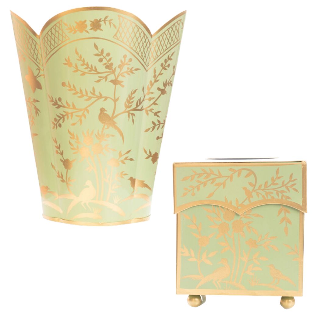 Spring Green & Gold Chinoiserie Wastepaper Basket & Tissue Holder Set