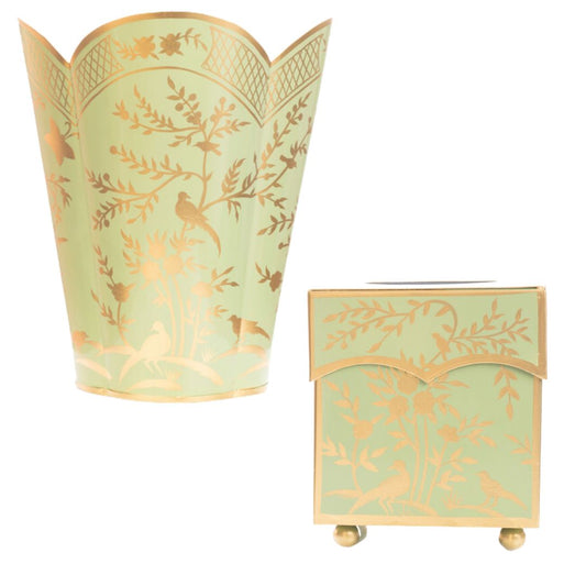 Spring Green & Gold Chinoiserie Wastepaper Basket & Tissue Holder Set